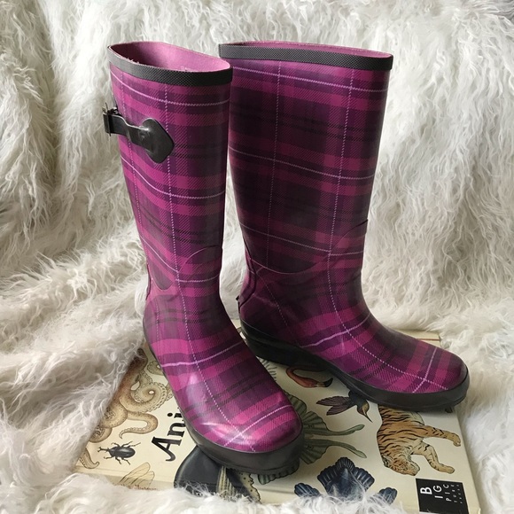 Ll Bean Wellie Purple Plaid Rain Boots 